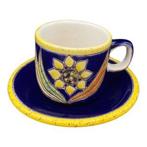 Vega Artesa Girasol Azul Cobalt Blue Demitasse Cup & Saucer Latin Pottery